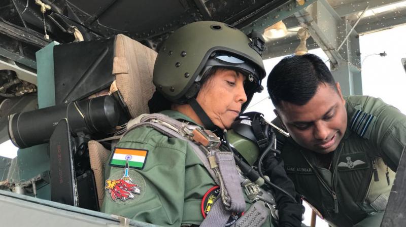 Defence Minister Nirmala Sitharaman in flying G-Suit before taking off in SU 30MKI. (Photo: @DefenceMinIndia) Defence Minister Nirmala Sitharaman in flying G-Suit before taking off in SU 30MKI. (Photo: @DefenceMinIndia)
