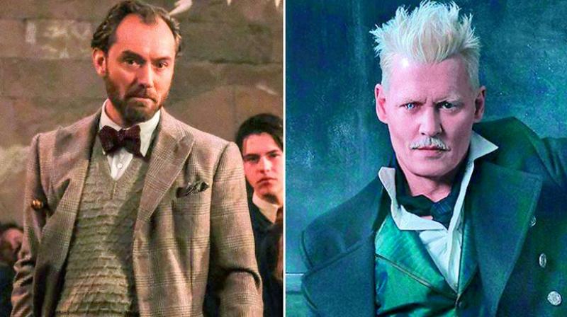Jude Law as Albus Dumbledore and Johnny Depp as Gellert Grindelwald in the movie Fantastic Beasts: The Crimes of Grindelwald. Jude Law as Albus Dumbledore and Johnny Depp as Gellert Grindelwald in the movie Fantastic Beasts: The Crimes of Grindelwald.