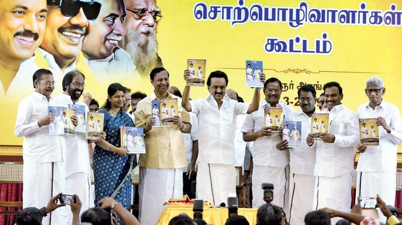 DMK President M.K. Stalin releases election manifesto for the Lok Sabha poll at party headquarters in Chennai on Tuesday. (Image DC) DMK President M.K. Stalin releases election manifesto for the Lok Sabha poll at party headquarters in Chennai on Tuesday. (Image DC)