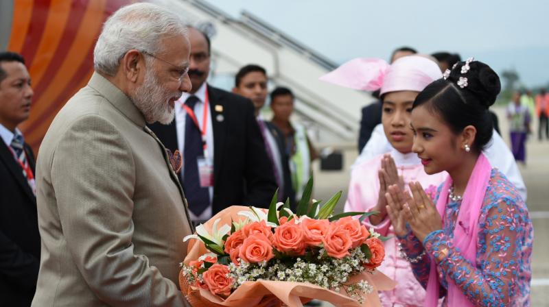 Prime Minister Narendra Modi being welcomed on his arrival at Nay Pyi Taw International Airport, Myanmar, on Tuesday. (Photo: PIB) Prime Minister Narendra Modi being welcomed on his arrival at Nay Pyi Taw International Airport, Myanmar, on Tuesday. (Photo: PIB)