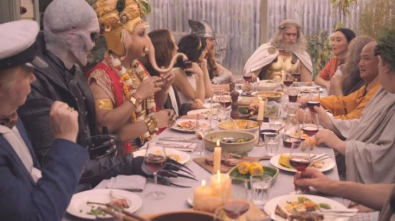 Other divinities shown in the ad included Jesus, Buddha, Thor and Zeus, sitting around a dining table tucking into lamb at a barbecue. (Photo: YouTube screengrab) Other divinities shown in the ad included Jesus, Buddha, Thor and Zeus, sitting around a dining table tucking into lamb at a barbecue. (Photo: YouTube screengrab)