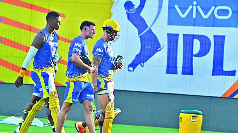 Team members of the Chennai Super KIngs at a training session on Monday. (Photo:E.K. Sanjay) Team members of the Chennai Super KIngs at a training session on Monday. (Photo:E.K. Sanjay)