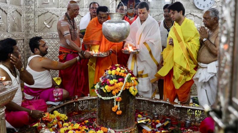 Congress president Rahul Gandhi along with senior leaders Kamal Nath and Jyotiraditya Scindia visited the Mahakaleshwar temple in Madhya Pradesh. (Photo: Twitter | @INCIndia) Congress president Rahul Gandhi along with senior leaders Kamal Nath and Jyotiraditya Scindia visited the Mahakaleshwar temple in Madhya Pradesh. (Photo: Twitter | @INCIndia)