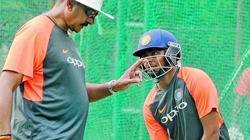 India coach Ravi Shastri with Prithvi Shaw during a training session in Hyderabad on Wednesday (Photo: DC) India coach Ravi Shastri with Prithvi Shaw during a training session in Hyderabad on Wednesday (Photo: DC)