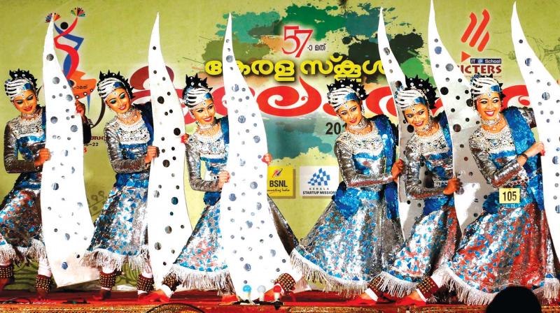 Students from Sacred Heart HSS, Angadikadavu, Kannur perform group dance in 57th State Kalolsavam in Kannur on Friday. (Photo: DC) Students from Sacred Heart HSS, Angadikadavu, Kannur perform group dance in 57th State Kalolsavam in Kannur on Friday. (Photo: DC)