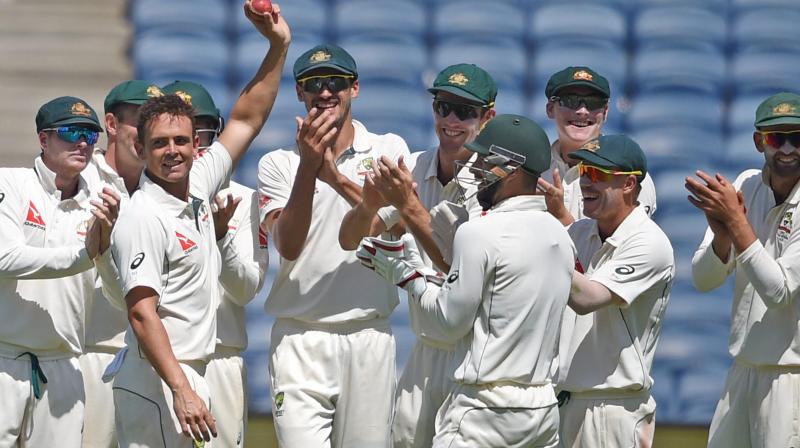 Australian bowler Steve O'Keefe celebrates his six wickets during the first test match played against India in Pune on Friday. (Photo: AP) Australian bowler Steve O'Keefe celebrates his six wickets during the first test match played against India in Pune on Friday. (Photo: AP)