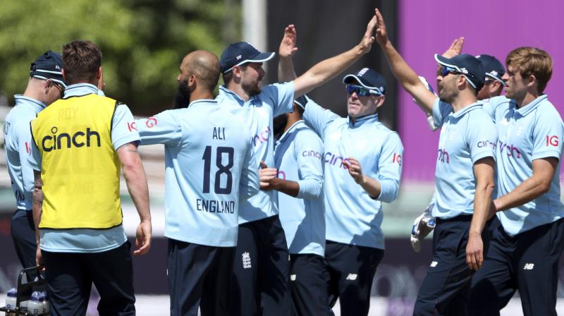 England players celebrate during their ongoing ODI match against Sri Lanka in Chester-le-Street, England on Tuesday. (Photo: AP/PTI)