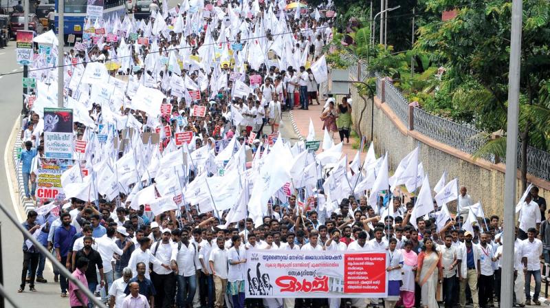 A march being taken out by United Nurses Association ahead of their Secretariat siege to protest against exploitation by private hospital managements in Thiruvananthapuram on Tuesday last. — DC File A march being taken out by United Nurses Association ahead of their Secretariat siege to protest against exploitation by private hospital managements in Thiruvananthapuram on Tuesday last. — DC File