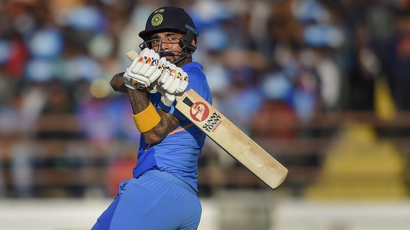 Indian batsman KL Rahul plays a shot during the second one day international (ODI) cricket match between India and Australia at Saurashtra Cricket Association Stadium in Rajkot on Friday. PTI