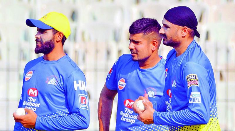 CSK spinners (from left) Ravindra Jadeja, Karn Sharma and Harbhajan Singh during a training session on Saturday (Photo: E.K. Sanjay) CSK spinners (from left) Ravindra Jadeja, Karn Sharma and Harbhajan Singh during a training session on Saturday (Photo: E.K. Sanjay)