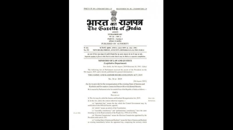 President Ram Nath Kovind gives his assent to The Jammu and Kashmir Reorganisation Act, 2019. (Photo: Twitter I ANI) President Ram Nath Kovind gives his assent to The Jammu and Kashmir Reorganisation Act, 2019. (Photo: Twitter I ANI)