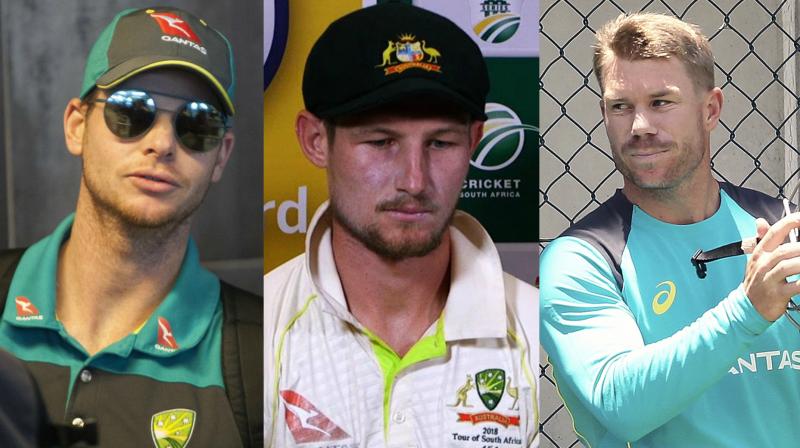 All three Australian players – Steve Smith, David Warner and Cameron Bancroft – could be facing lengthy bans and have been sent home from the tour of South Africa for their role in a cheating plot and face "significant sanctions" in the next 24 hours. (Photo: AP / AFP) All three Australian players – Steve Smith, David Warner and Cameron Bancroft – could be facing lengthy bans and have been sent home from the tour of South Africa for their role in a cheating plot and face "significant sanctions" in the next 24 hours. (Photo: AP / AFP)