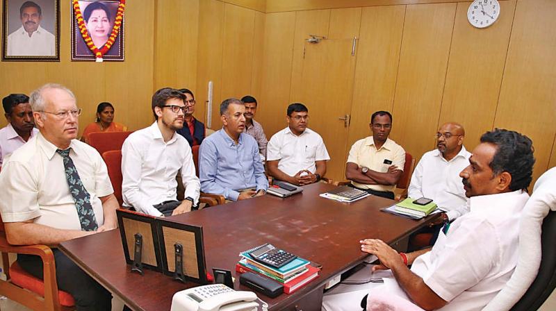 State transport minister M.R. Vijabhaskar holding a meet with UK-based C-40 teams to operate electric buses in Chennai on Friday. (Image: DC) State transport minister M.R. Vijabhaskar holding a meet with UK-based C-40 teams to operate electric buses in Chennai on Friday. (Image: DC)