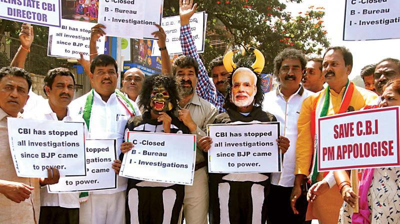 Youth Congress workers stage a protest in front of the CBI office in Bengaluru on Friday (Photo: KPN) Youth Congress workers stage a protest in front of the CBI office in Bengaluru on Friday (Photo: KPN)