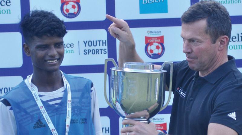 German World Cup-winning captain Lothar Matthaus speaks to a player who took part in the Kochi City Football Final in Kochi on Tuesday. The legendary midfielder's visit to the country is part of Bundesliga Legends Tour. German World Cup-winning captain Lothar Matthaus speaks to a player who took part in the Kochi City Football Final in Kochi on Tuesday. The legendary midfielder's visit to the country is part of Bundesliga Legends Tour.