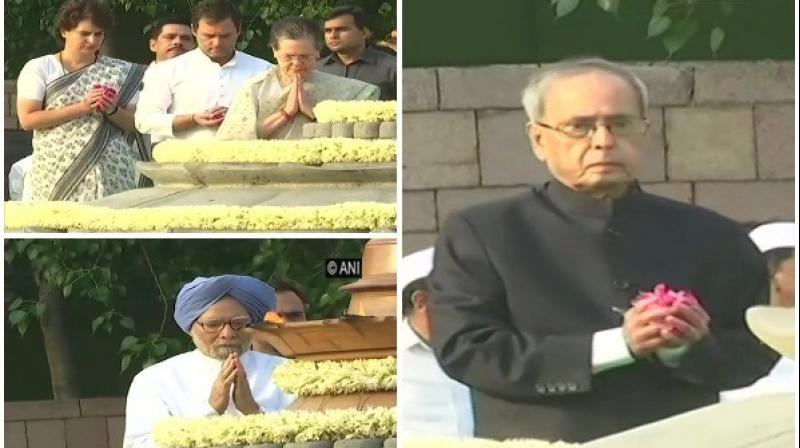 Former prime minister Manmohan Singh and former President Pranab Mukherjee paid homage to the late prime minister. (Photo: ANI) Former prime minister Manmohan Singh and former President Pranab Mukherjee paid homage to the late prime minister. (Photo: ANI)