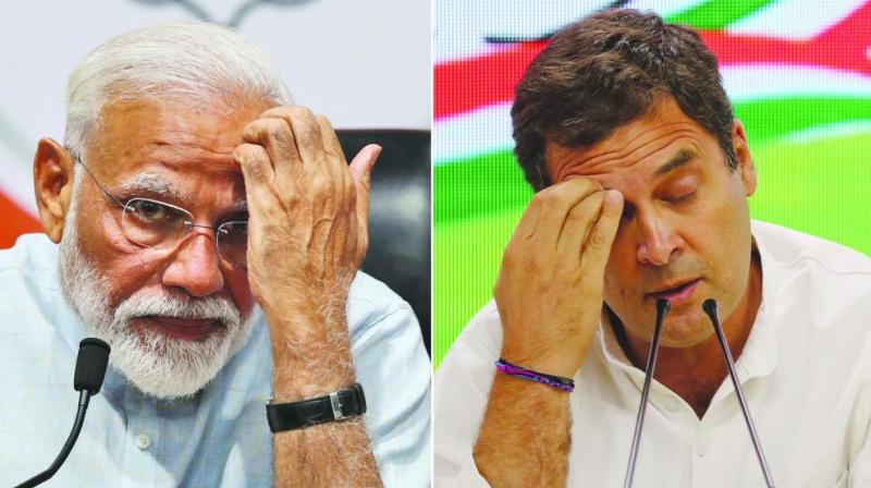 Prime Minister Narendra Modi and Rahul Gandhi during press conferences in their respective party headquarters. (Photo: AP) Prime Minister Narendra Modi and Rahul Gandhi during press conferences in their respective party headquarters. (Photo: AP)