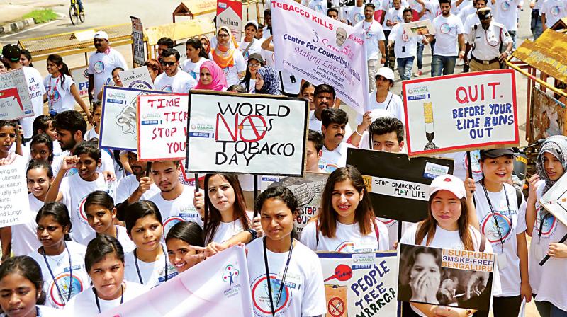 Volunteers participated in the World No Tobacco Day rally from Anand Rao Circle to Freedom Park, in Bengaluru on Thursday. (Photo:DC) Volunteers participated in the World No Tobacco Day rally from Anand Rao Circle to Freedom Park, in Bengaluru on Thursday. (Photo:DC)