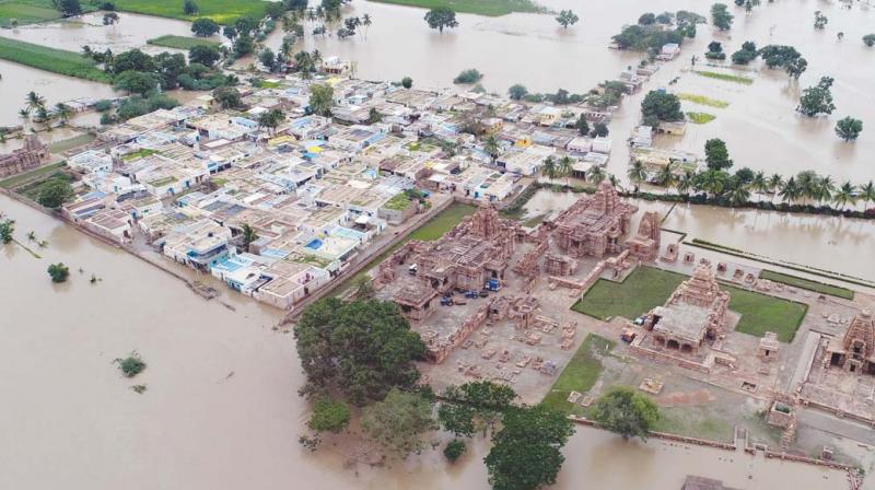 An aerial view of the flooded Pattadakal in Badami taluk. An aerial view of the flooded Pattadakal in Badami taluk.