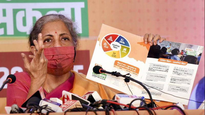 Union Finance Minister Nirmala Sitharaman addresses a press conference, ahead of the Bihar Assembly Elections, in Patna. (PTI) Union Finance Minister Nirmala Sitharaman addresses a press conference, ahead of the Bihar Assembly Elections, in Patna. (PTI)