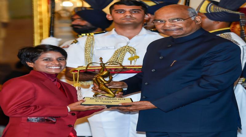While Poonam received the honour from President Ram Nath Kovind during Thursday's award ceremony at the Rashtrapatic Bhawan, Jadeja was a notable absentee due to national duty in the ongoing away Test series against the West Indies. (Photo: AFP) While Poonam received the honour from President Ram Nath Kovind during Thursday's award ceremony at the Rashtrapatic Bhawan, Jadeja was a notable absentee due to national duty in the ongoing away Test series against the West Indies. (Photo: AFP)