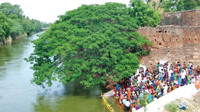 People celebrating Aadi Perukku on the banks of Grand Anicut canal near Big temple at Thanjavur. ( Image DC) People celebrating Aadi Perukku on the banks of Grand Anicut canal near Big temple at Thanjavur. ( Image DC)