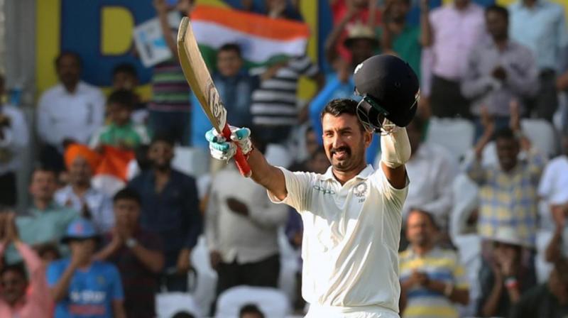 Cheteshwar Pujara celebrates after scoring his century against Sri Lanka. (Photo: BCCI) Cheteshwar Pujara celebrates after scoring his century against Sri Lanka. (Photo: BCCI)