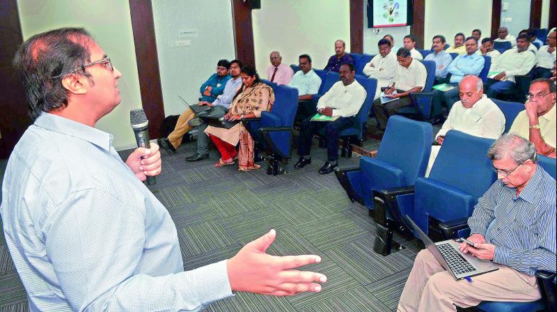 A CRDA representative addresses invitees on Hotel and Tourism projects in Vijayawada on Tuesday. (Photo: DC) A CRDA representative addresses invitees on Hotel and Tourism projects in Vijayawada on Tuesday. (Photo: DC)