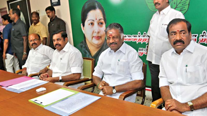 Chief Minister Edappadi K. Palaniswami and Deputy Chief Minister O. Paneerselvam at the party meeting held on Wednesday. (Photo: DC) Chief Minister Edappadi K. Palaniswami and Deputy Chief Minister O. Paneerselvam at the party meeting held on Wednesday. (Photo: DC)