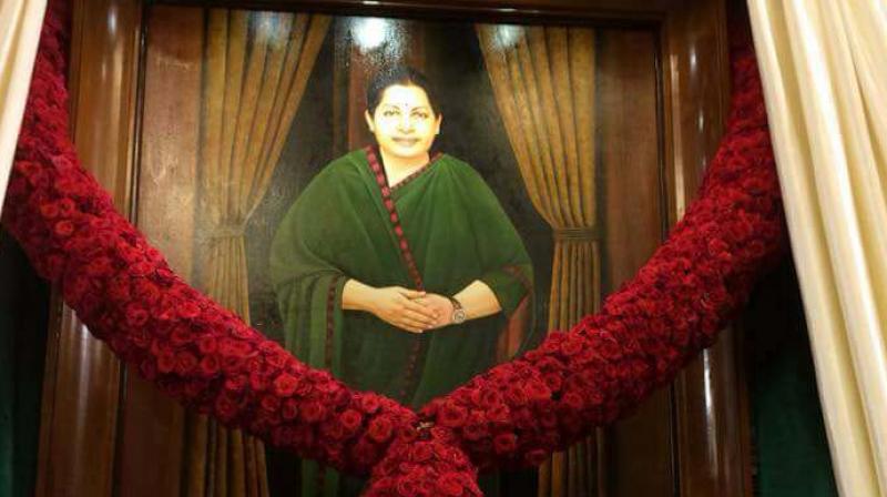 A portrait of late chief minister J. Jayalalithaa in the Assembly hall unveiled by Tamil Nadu Assembly Speaker P. Dhanapal on Monday. (Photo: DC) A portrait of late chief minister J. Jayalalithaa in the Assembly hall unveiled by Tamil Nadu Assembly Speaker P. Dhanapal on Monday. (Photo: DC)