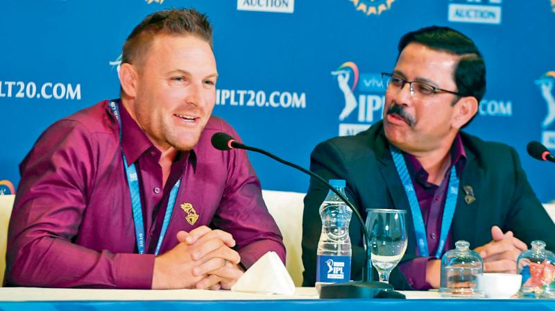 KKR coach Brendon McCullum (L) and CEO Venky Mysore. DC File Photo