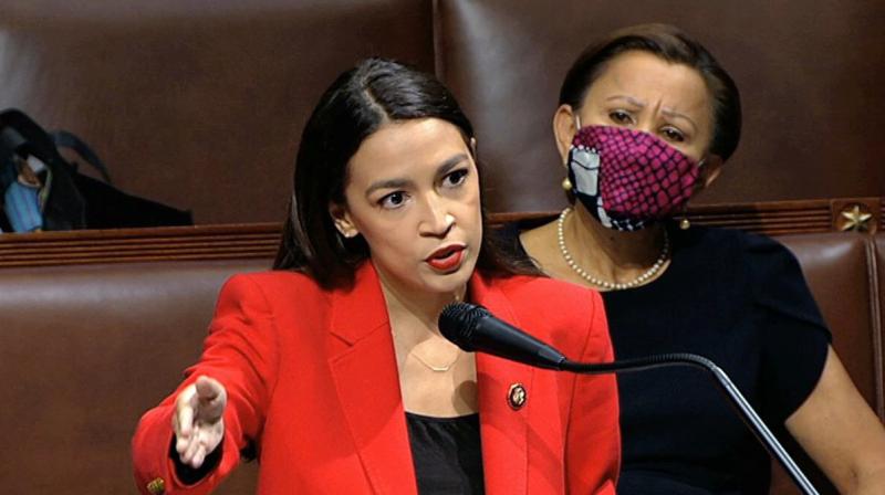 Rep. Alexandria Ocasio-Cortez, D-N.Y., speaks on the House floor, Thursday, July 23, 2020 on Capitol Hill in Washington. Ocasio-Cortezs objections to a Republican lawmakers verbal assault on her expanded Thursday as she and other Democrats took to the House floor to demand an end to a sexist culture of  accepting violence and violent language against women.  (House Television via AP)