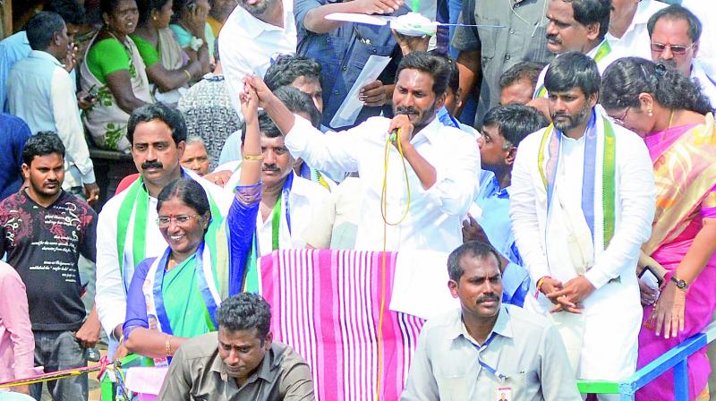 YSRC chief Y.S. Jagan Mohan Reddy introduces Anakapalli MP candidate Kandregula Venkata Satyavathi in Visakhapatnam on Monday. (Photo: DC) YSRC chief Y.S. Jagan Mohan Reddy introduces Anakapalli MP candidate Kandregula Venkata Satyavathi in Visakhapatnam on Monday. (Photo: DC)