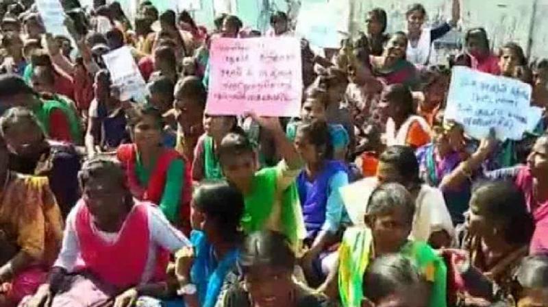 Hundreds of students of Pudukkottai Government Women Arts College staged a sit-in protest over the Pollachi sex scandal. (Photo: ANI) Hundreds of students of Pudukkottai Government Women Arts College staged a sit-in protest over the Pollachi sex scandal. (Photo: ANI)