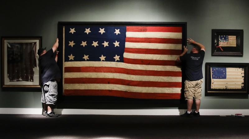 A highlight of the display is a nearly 6-foot (1.8-meter) flag that features 13 stars that roughly form the letters “U″ and “S.” (Photo: AP) A highlight of the display is a nearly 6-foot (1.8-meter) flag that features 13 stars that roughly form the letters “U″ and “S.” (Photo: AP)