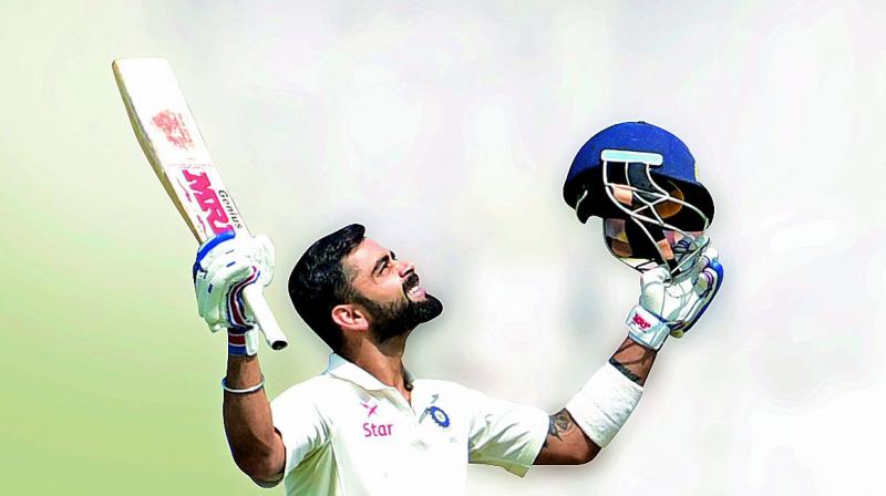 Virat Kohli celebrates his double century against Bangladesh in Hyderabad on Friday. (Photo: S. Surender Reddy) Virat Kohli celebrates his double century against Bangladesh in Hyderabad on Friday. (Photo: S. Surender Reddy)