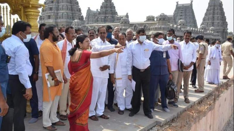 Chief Minister K Chandrasekhar Rao visits the Yadadri temple to review the renovation works. (DC)