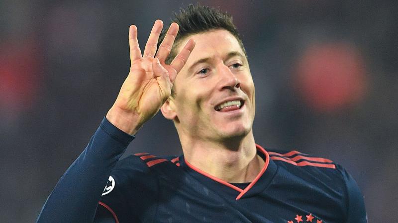 Bayern Munichs Robert Lewandowski on Tuesday (local time) became the fastest player to score four goals in a Champions League match. (Photo:AFP)