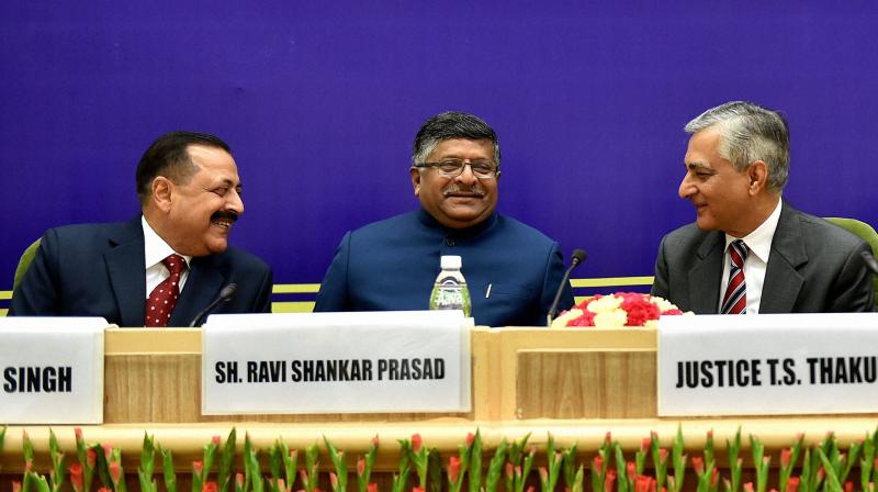 Chief Justice of India T S Thakur with Union Law Minister Ravi Shankar Prasad and Minister of State in Prime Minister's Office (PMO) Jitendra Singh at the All India Conference of the Central Administrative Tribunal (CAT) in New Delhi. (Photo: PTI) Chief Justice of India T S Thakur with Union Law Minister Ravi Shankar Prasad and Minister of State in Prime Minister's Office (PMO) Jitendra Singh at the All India Conference of the Central Administrative Tribunal (CAT) in New Delhi. (Photo: PTI)