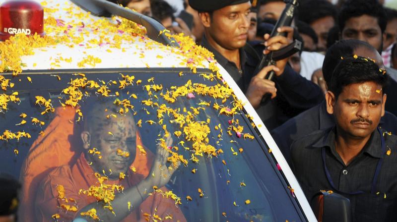 UP Chief Minister Yogi Adityanath arrives at his native place in Gorakhpur. (Photo: PTI) UP Chief Minister Yogi Adityanath arrives at his native place in Gorakhpur. (Photo: PTI)