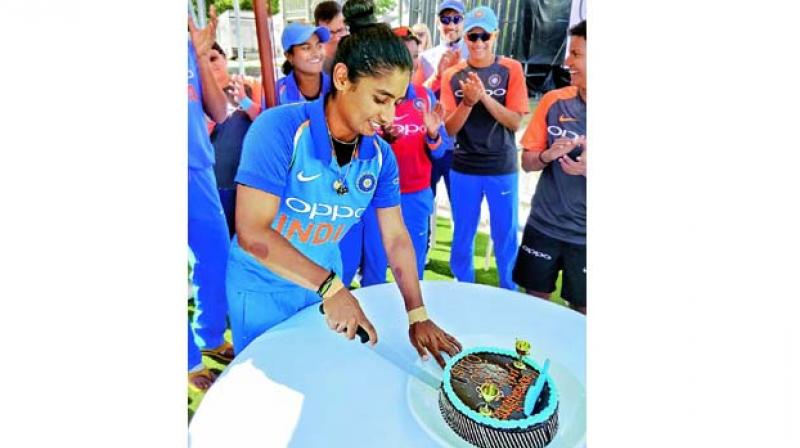 Mithali Raj cuts a cake to celebrate her 200th ODI. (Photo: Twitter) Mithali Raj cuts a cake to celebrate her 200th ODI. (Photo: Twitter)