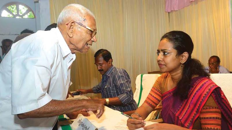 District collector Veena N Madhavan hears a complainant out at Sevana sparsham venue at Cherthala. (Photo: DC) District collector Veena N Madhavan hears a complainant out at Sevana sparsham venue at Cherthala. (Photo: DC)