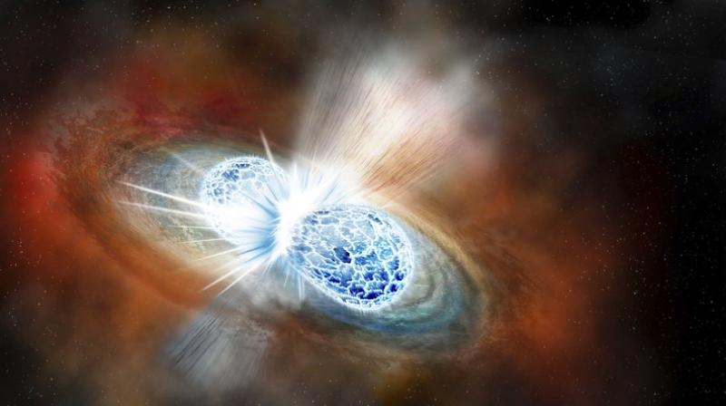 A rendering of a neutron star merger. A rendering of a neutron star merger.
