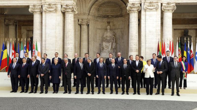 European Union heads of state pose for a group photo in the Cortile di Michelangelo during an EU summit in Rome on Saturday. (Photo: AP) European Union heads of state pose for a group photo in the Cortile di Michelangelo during an EU summit in Rome on Saturday. (Photo: AP)