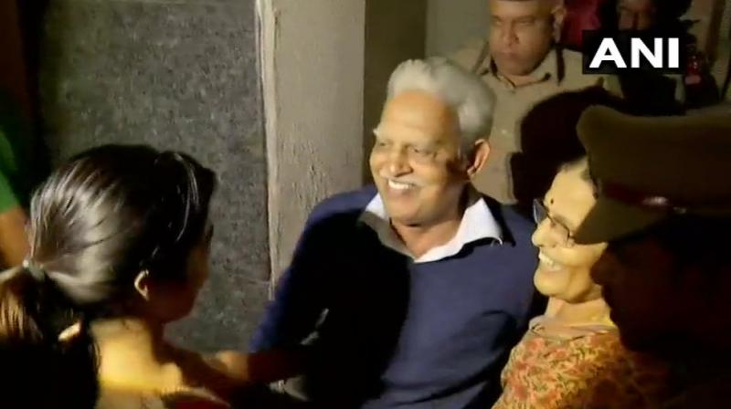 Activist Varavara Rao brought to his residence in Hyderabad after Supreme Court ordered house arrest for the five accused. (Photo: ANI/Twitter) Activist Varavara Rao brought to his residence in Hyderabad after Supreme Court ordered house arrest for the five accused. (Photo: ANI/Twitter)