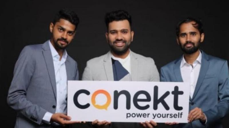 Rohit Sharma unveiling Conekt brand along with COO Pradeep and CMO Aashish. Rohit Sharma unveiling Conekt brand along with COO Pradeep and CMO Aashish.