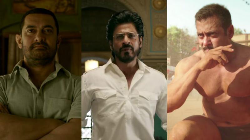 Aamir Khan, Shah Rukh Khan and Salman Khan from their respective films. Aamir Khan, Shah Rukh Khan and Salman Khan from their respective films.
