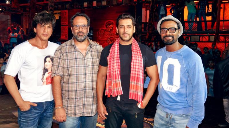 Shah Rukh Khan, Aanand L Rai, Salman Khan and Remo D'Souza on Zero's Issaqbaazi sets. Shah Rukh Khan, Aanand L Rai, Salman Khan and Remo D'Souza on Zero's Issaqbaazi sets.