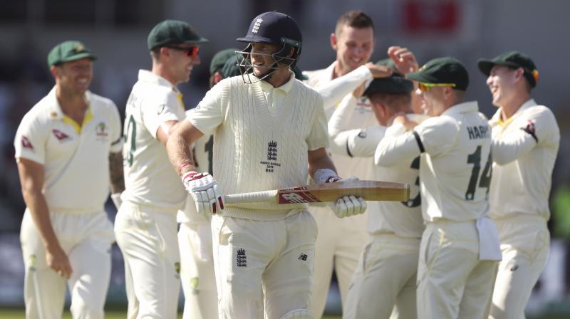 England captain Joe Root fell for his second successive duck as his side slumped to 34-4 against Australia on the second day of the third Ashes Test at Headingley on Friday. (Photo:AP/PTI) England captain Joe Root fell for his second successive duck as his side slumped to 34-4 against Australia on the second day of the third Ashes Test at Headingley on Friday. (Photo:AP/PTI)