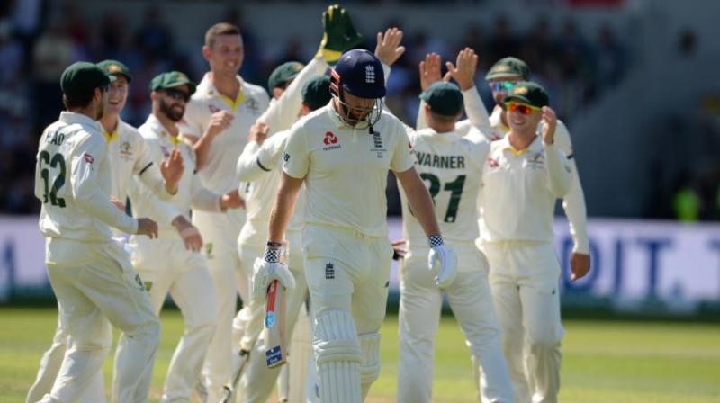 Josh Hazlewood celebrates with teammates after dismissing Jonny Bairstow. (Photo: ICC/Twitter) Josh Hazlewood celebrates with teammates after dismissing Jonny Bairstow. (Photo: ICC/Twitter)